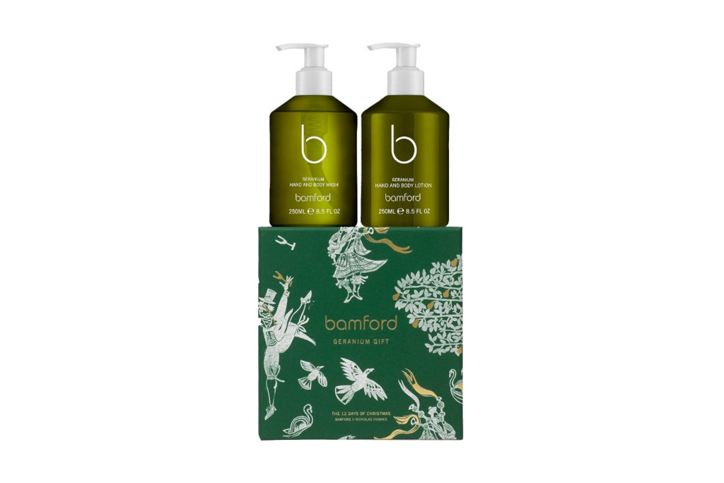 Green bottles on green gift box | British fragrances Christmas