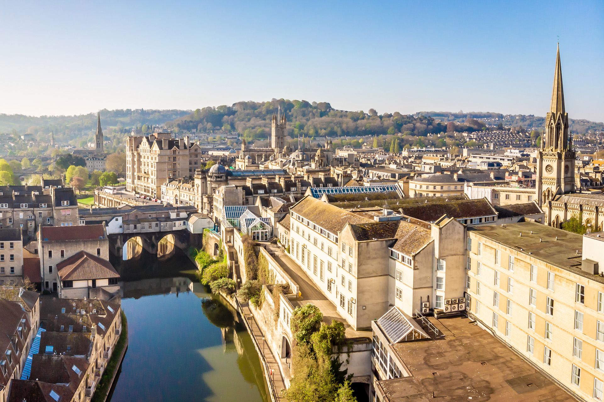 Aerial view of Pulteney bridge in Bath, England