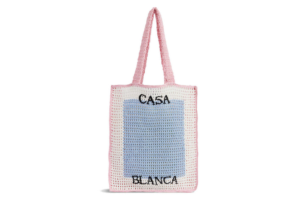 Pink, white and blue knit tote bag