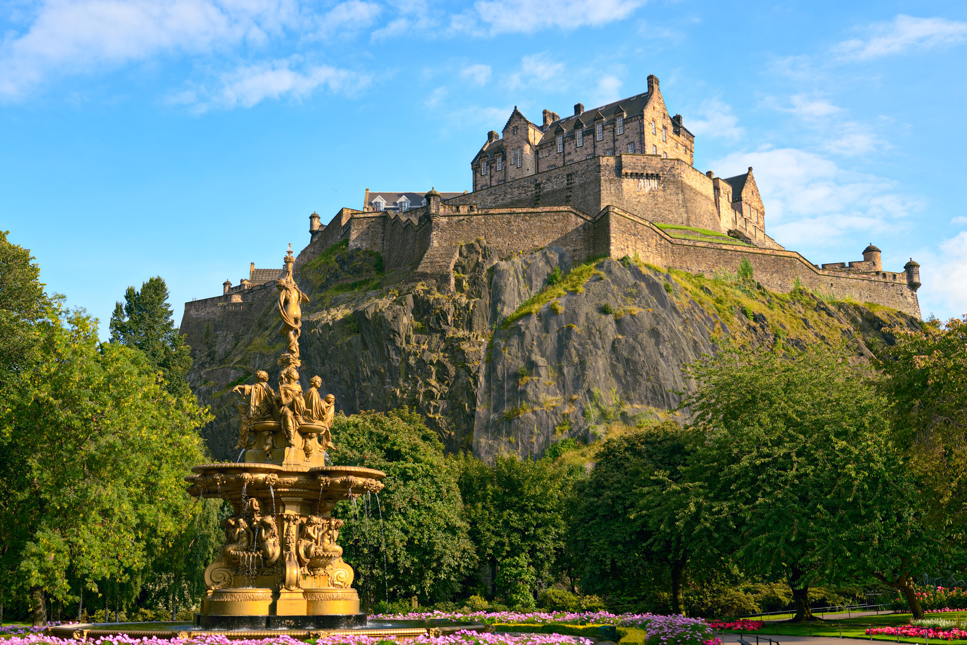 Edinburgh Castle, Scotland, from Princes Street Gardens, with the Ross Fountain in the foreground