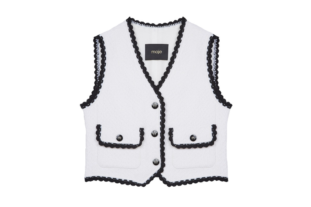 White tweed vest with black trim