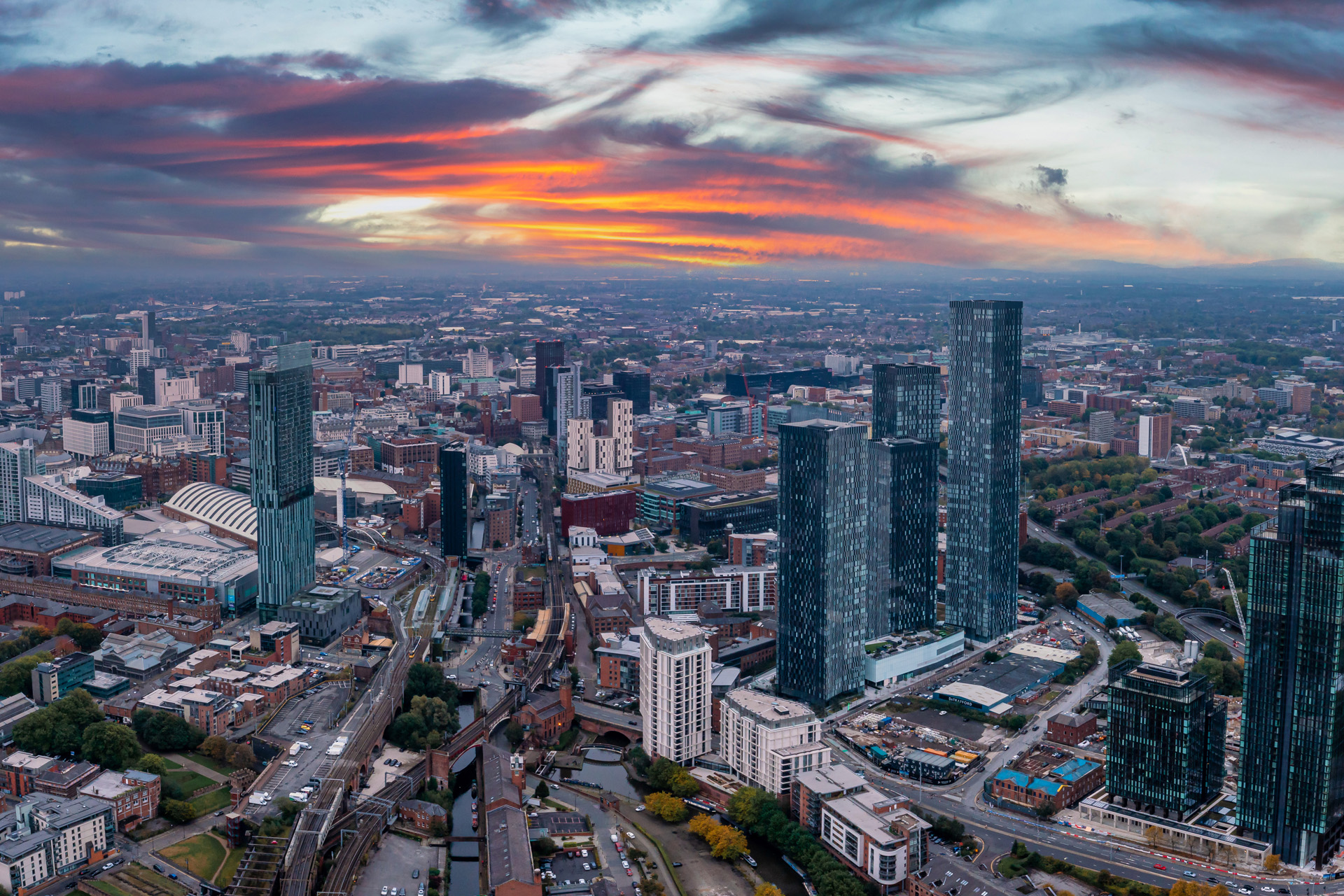 Aerial view of Manchester city in UK on a beautiful sunny day.