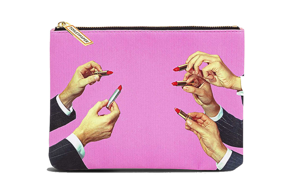 Pink pencil case depicting hands holding up lipsticks