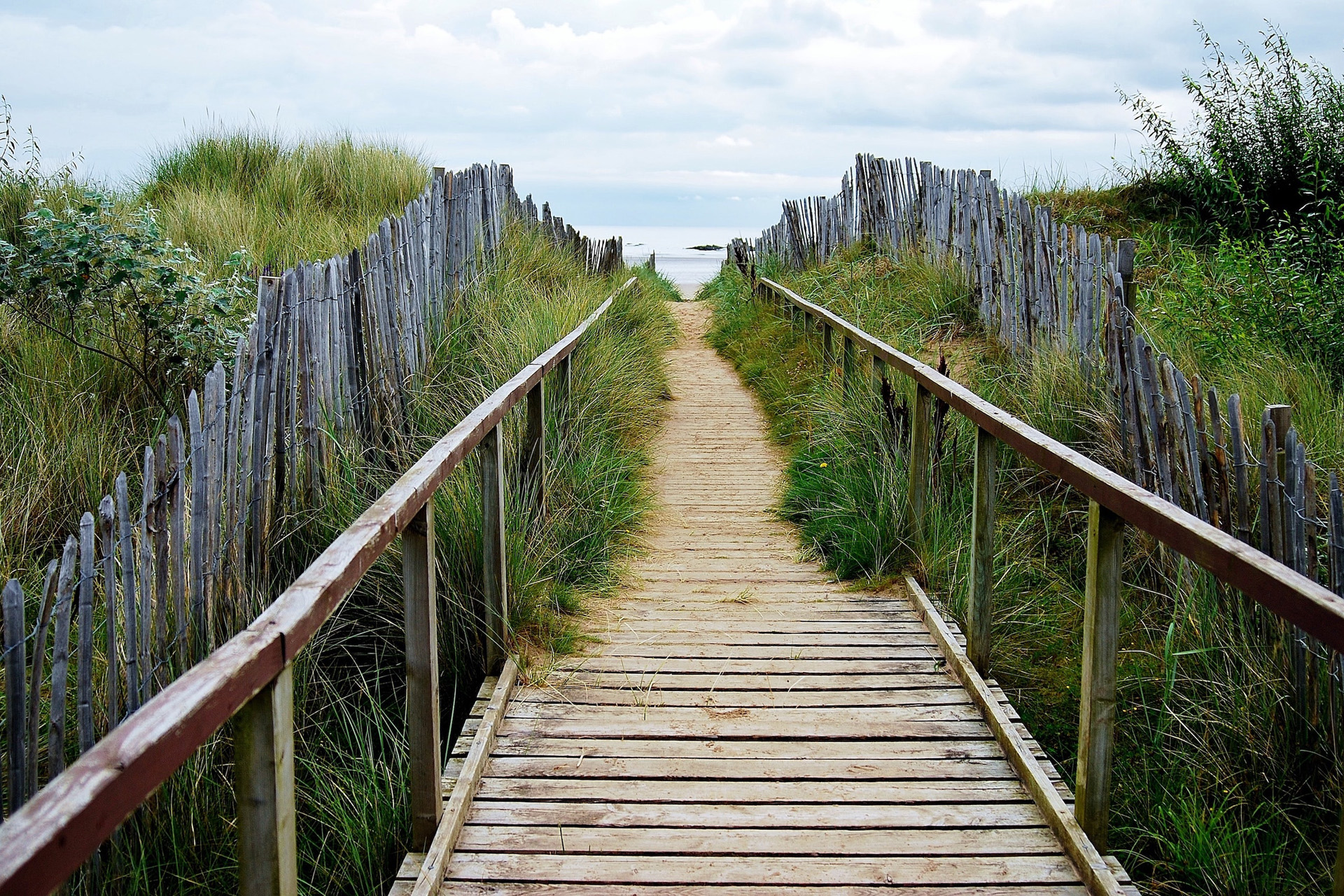 A wooden path bordered by grass leading to the sea