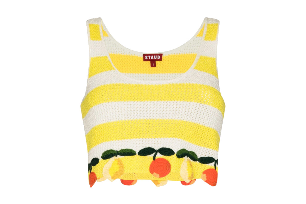 White a yellow strope crochet top with fruit detail