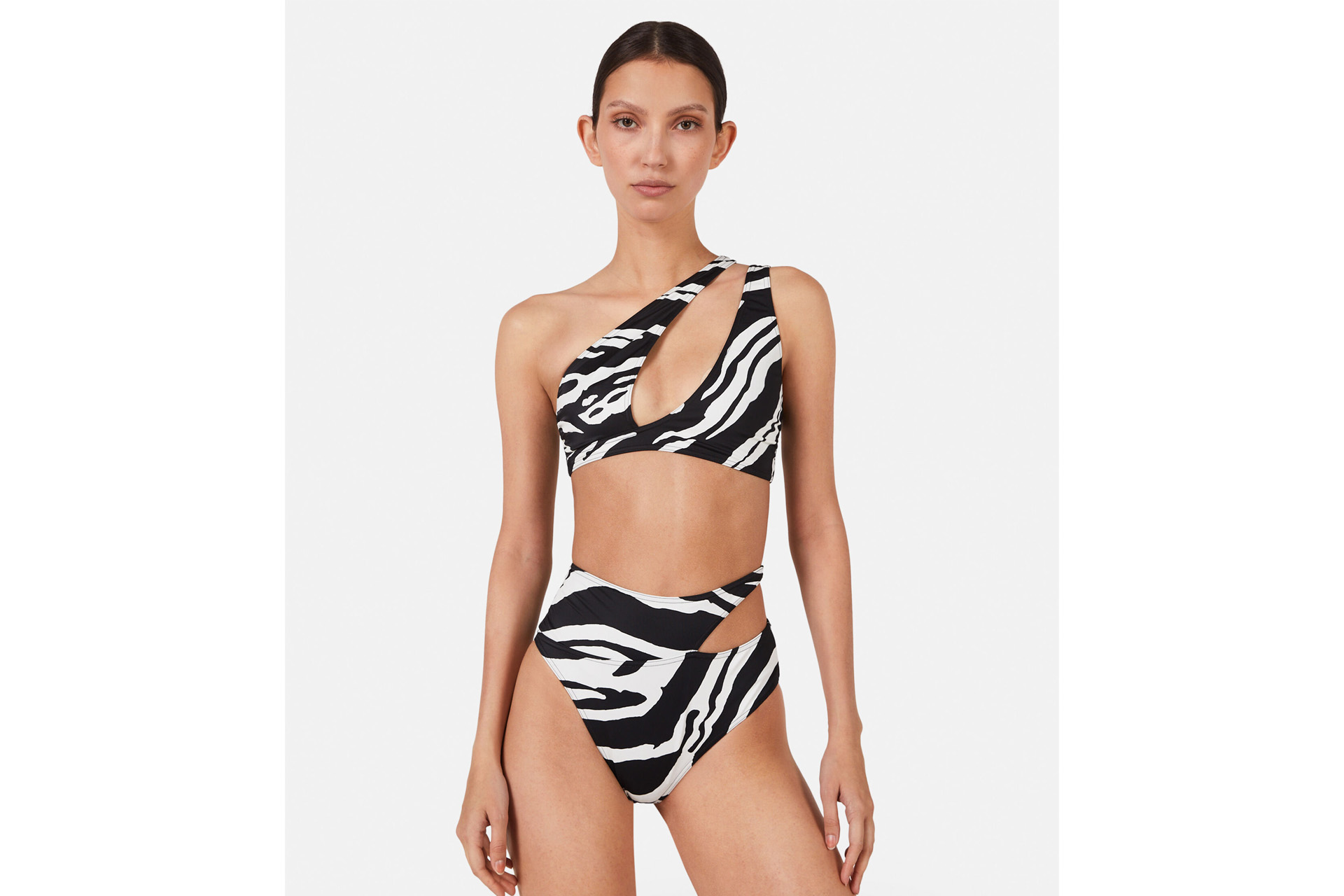 Model wearing a Stella McCartney zebra print bikini