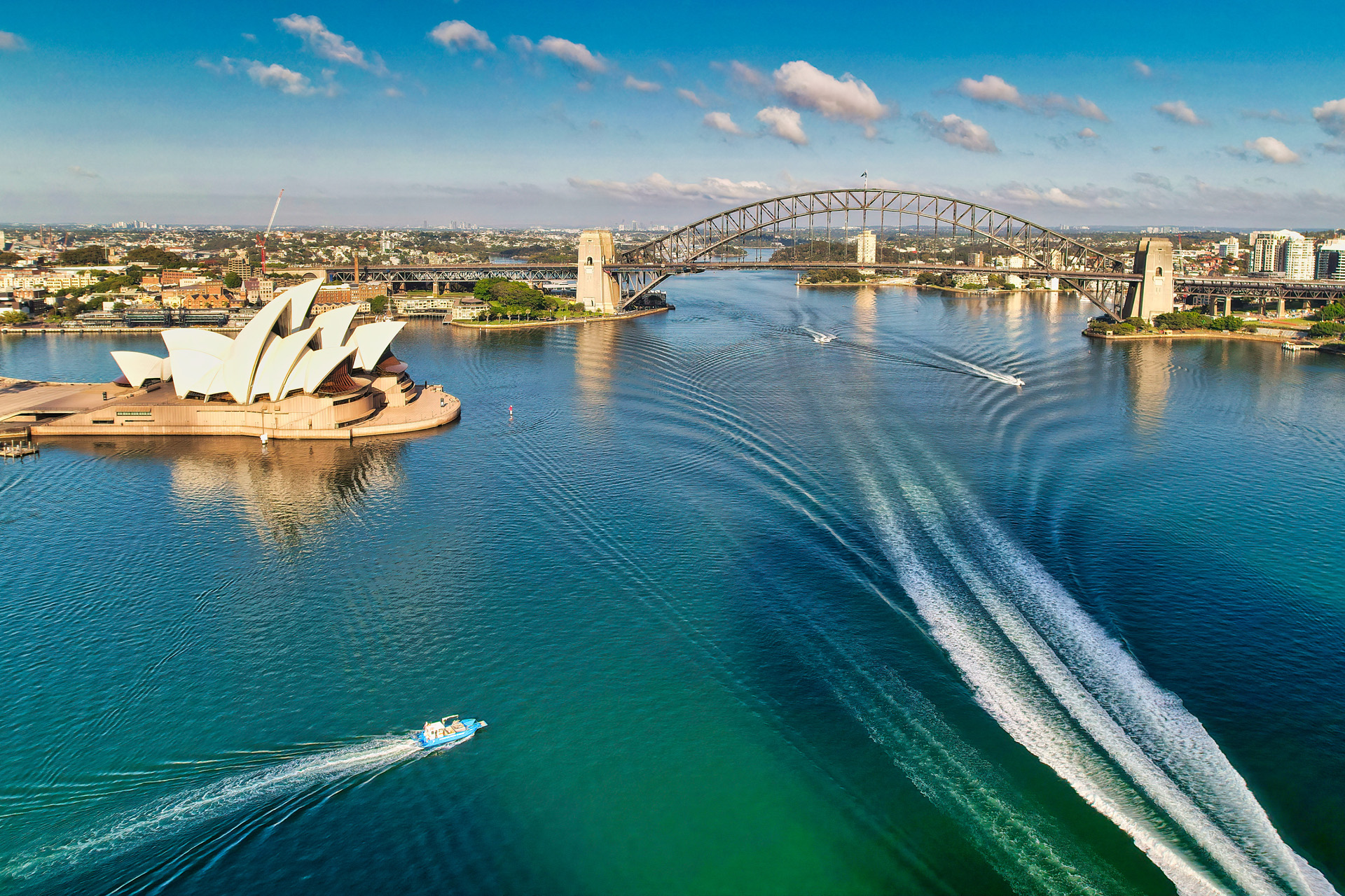Boat Wakes in Sydney Harbour with the Sydney Opera House and Harbour Bridge in the background