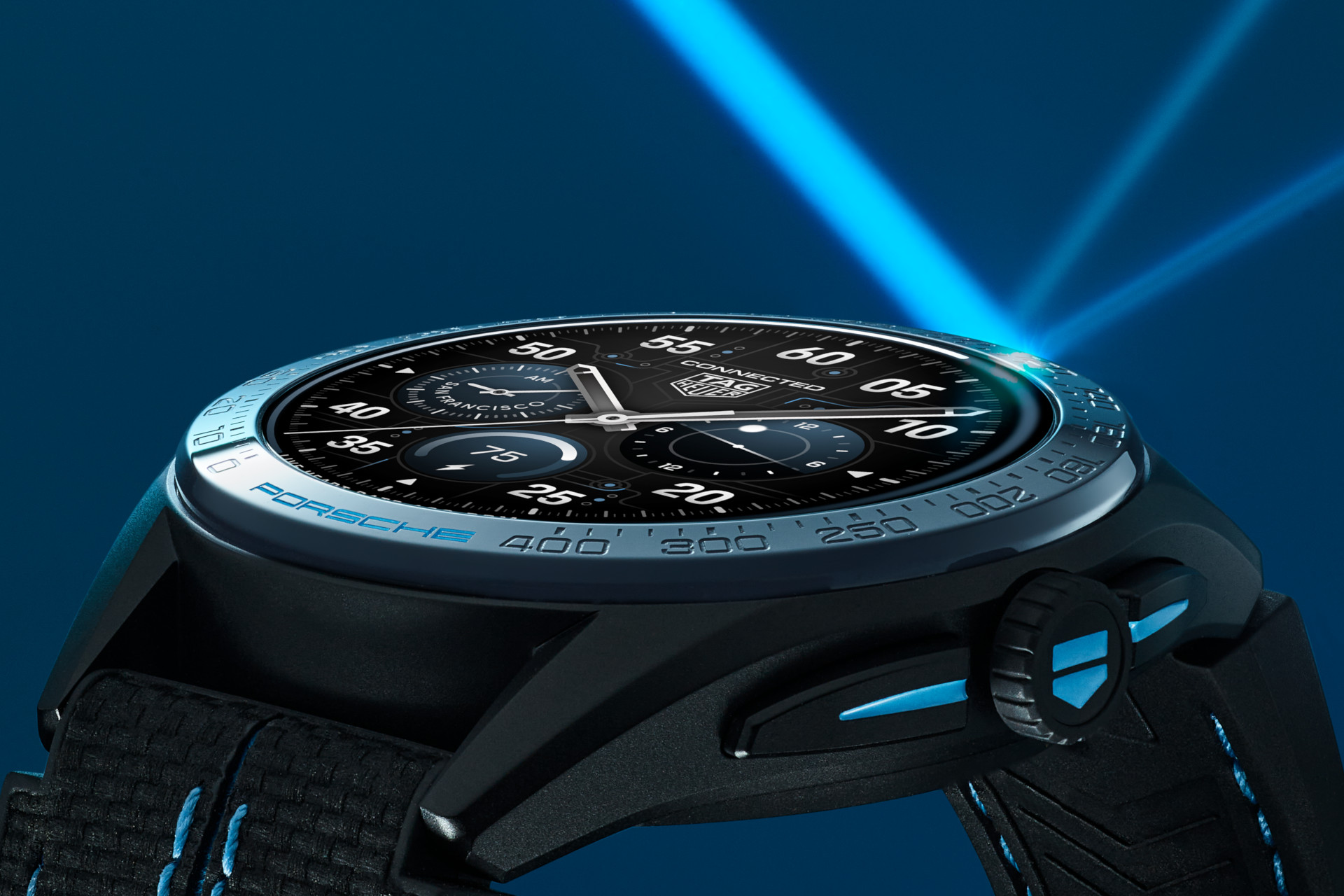 Black watch on a blue background