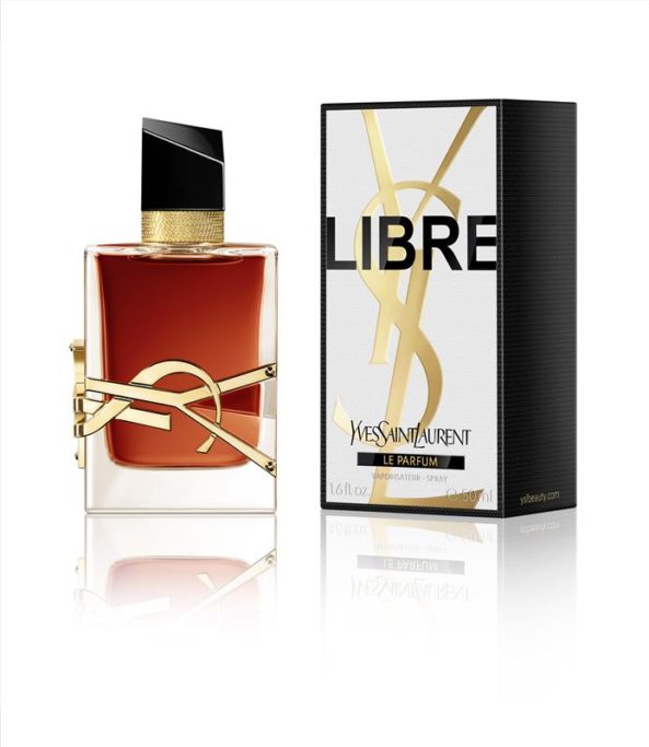 Glass perfume bottle with gold metalic YSL logo around it around
