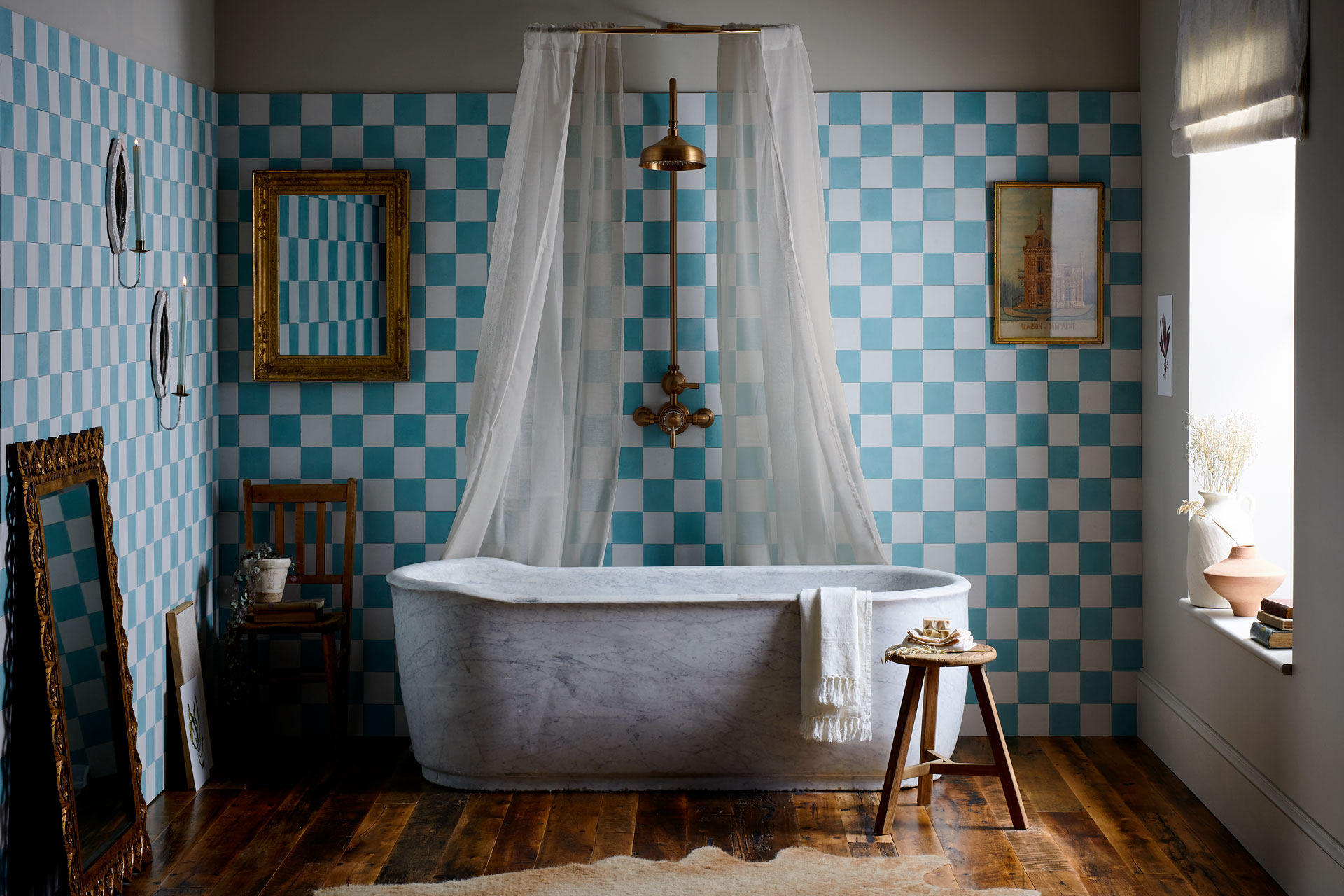 blue and white checked bathroom by Bert & May tiles