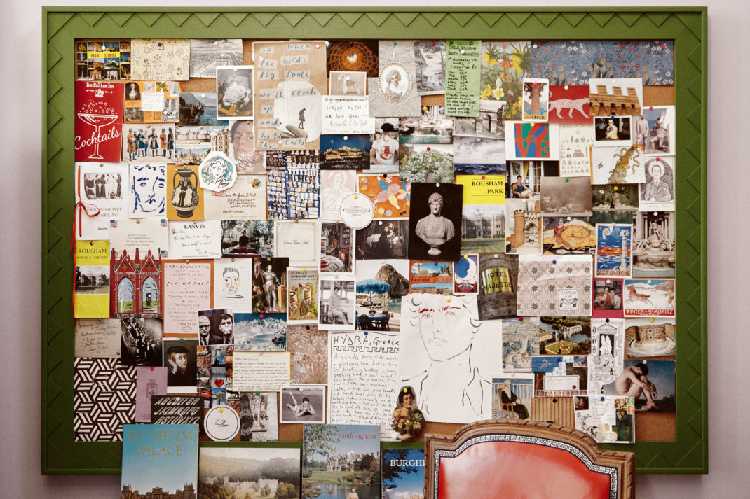 Luke Edward Hall's moodboard that features plenty of postcards, prints, scribbles, ideas, notes, that's all framed around a jazzy green bordered frame