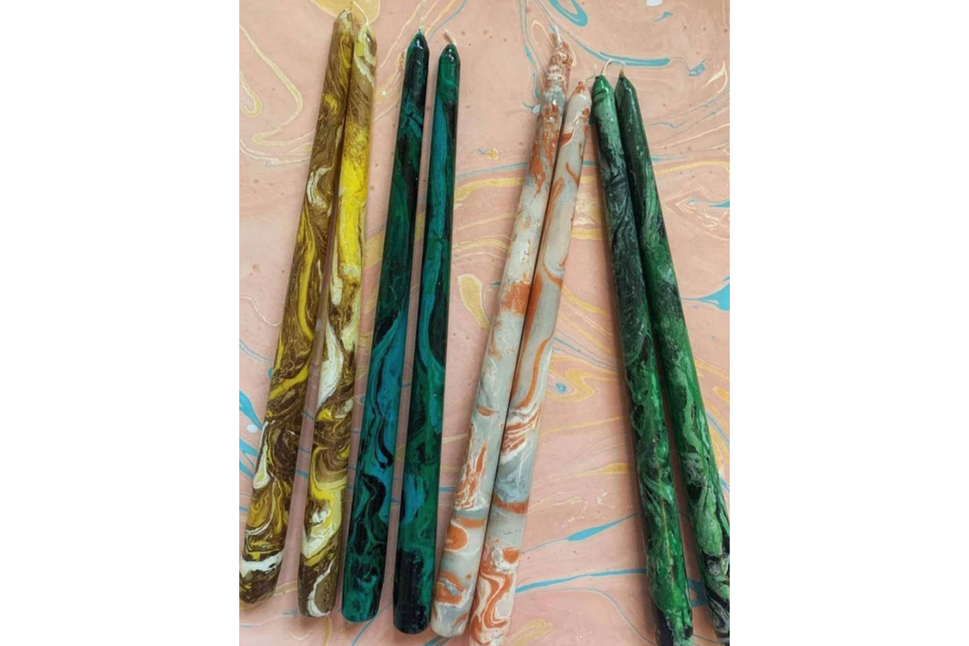 Hand Marbled Tapered Dinner Candles sold by Collagerie
