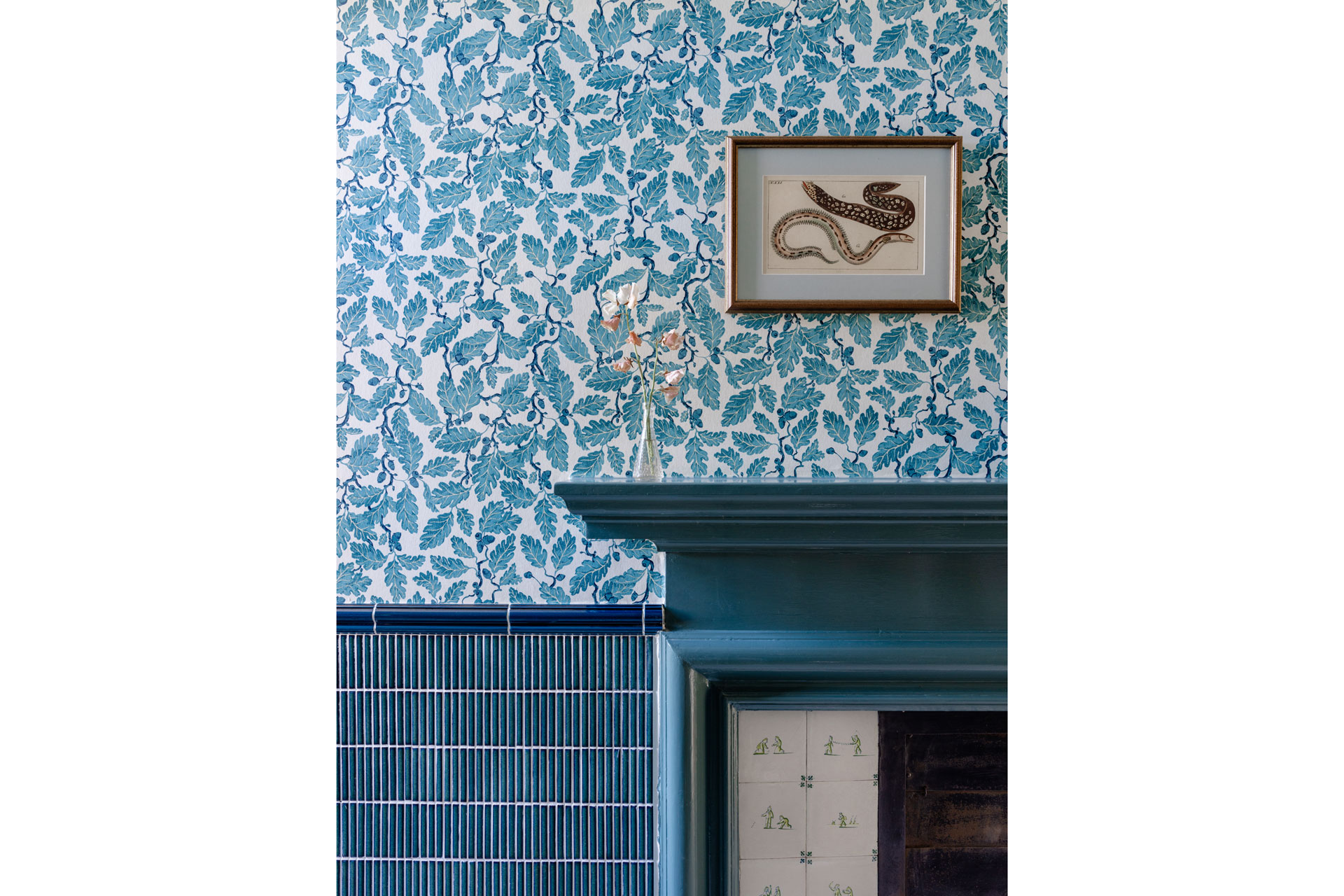 blue acorn wallpaper, with a blue chimney, at the Georgian redo project