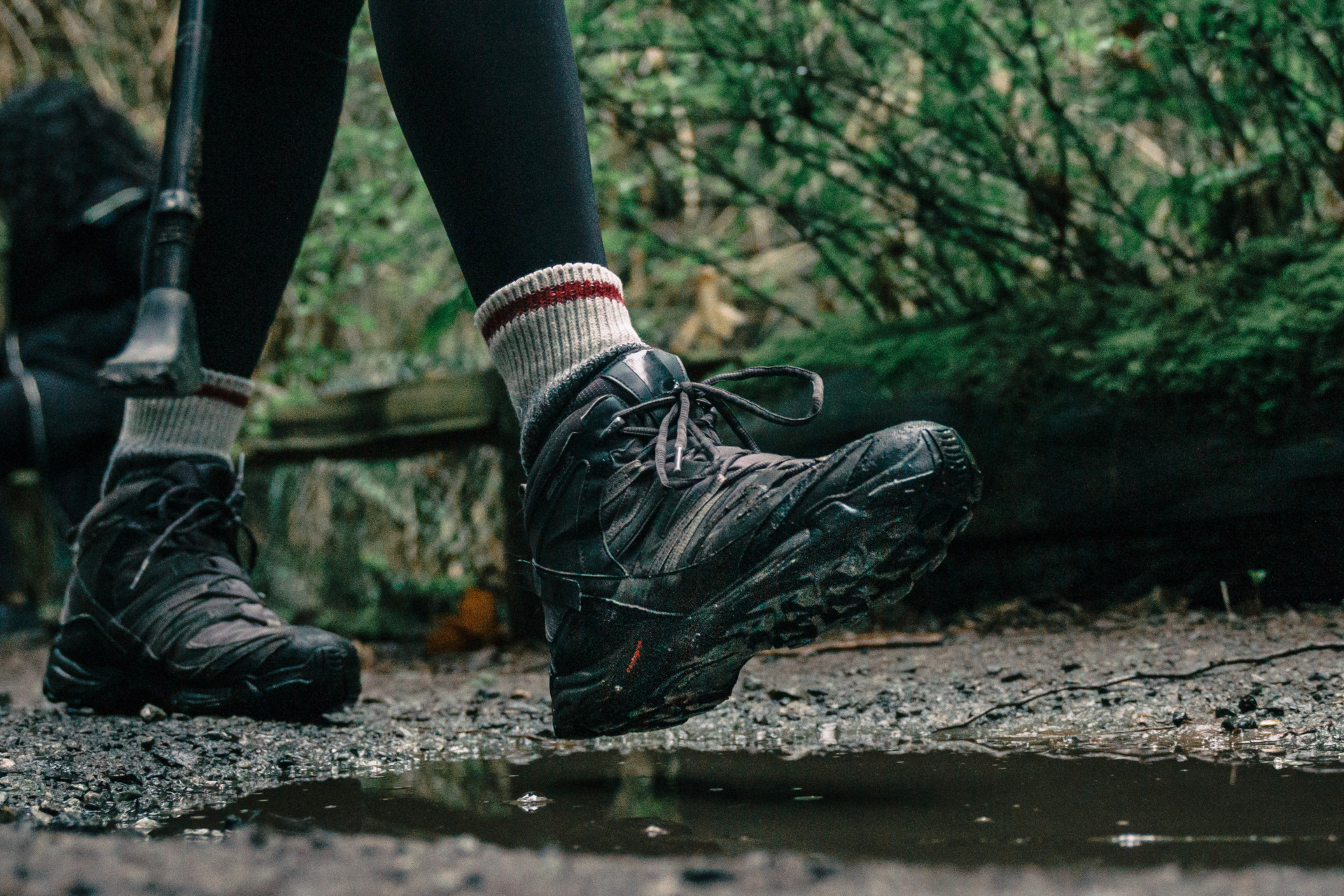 Close up of someone's feet in walking boots in the outdoors