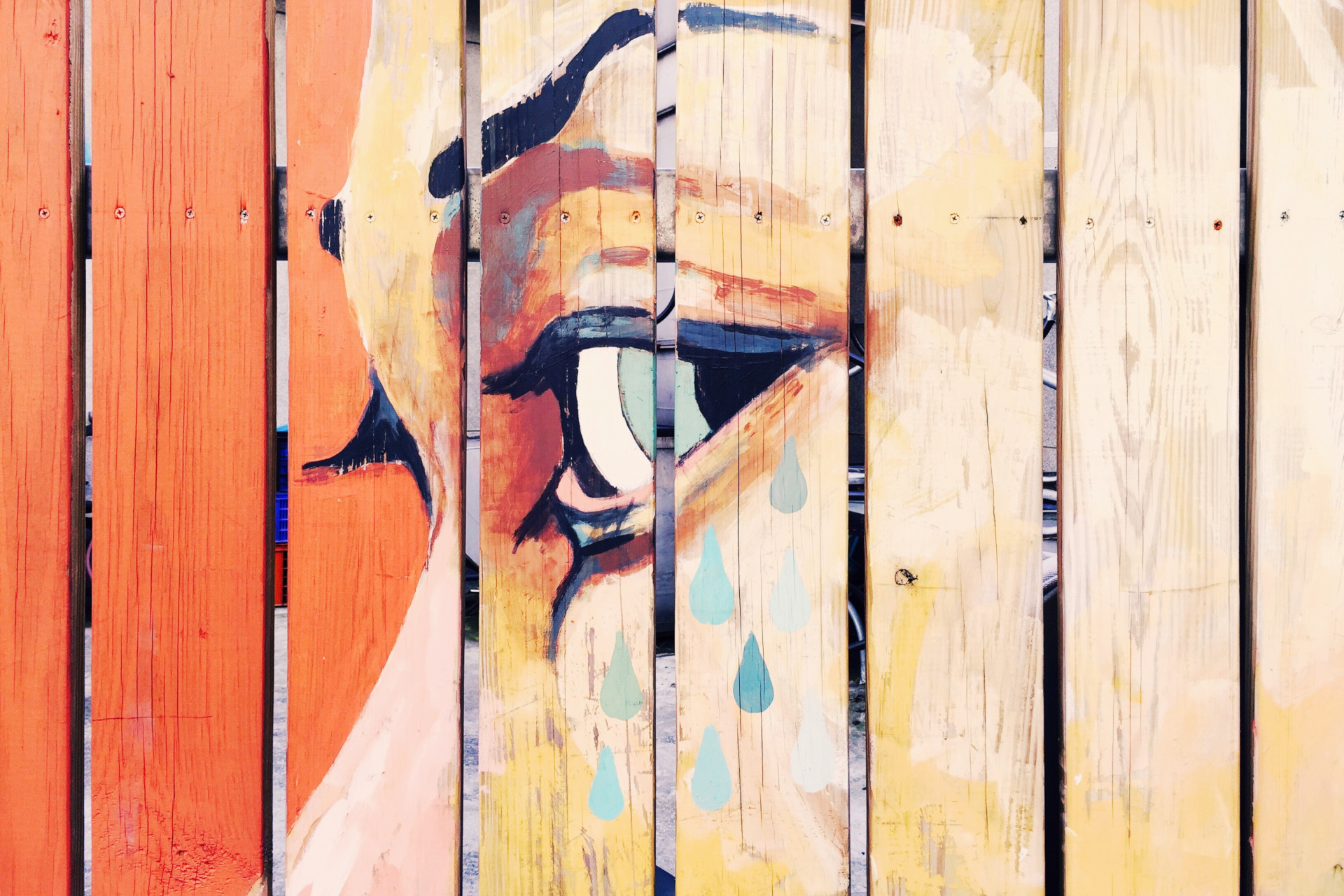 Side of face with tears streaming from eye painted on a fence