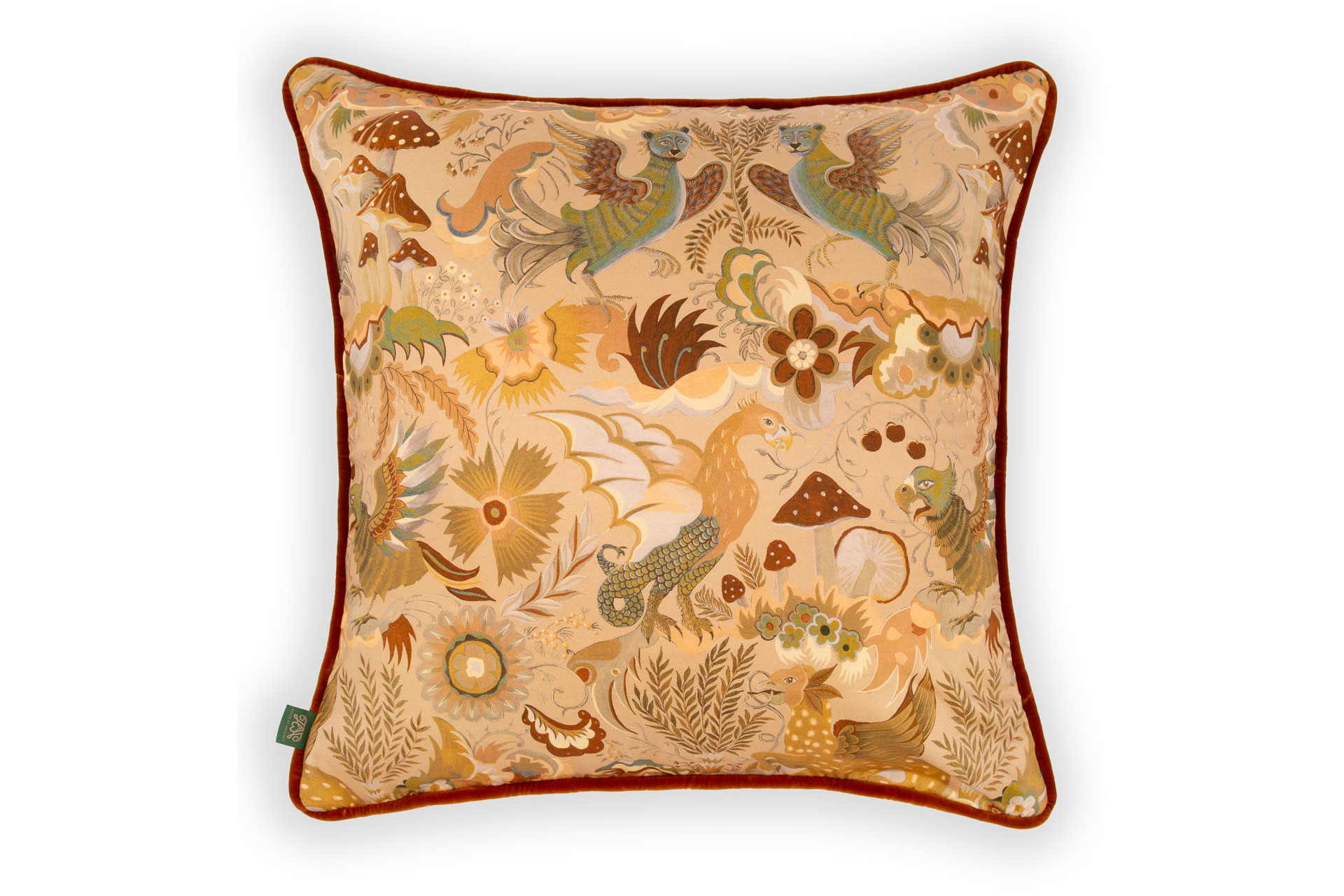 A cushion that's part of the phantasia collection, featuring symbols, myths, and generally a maximalist cushion