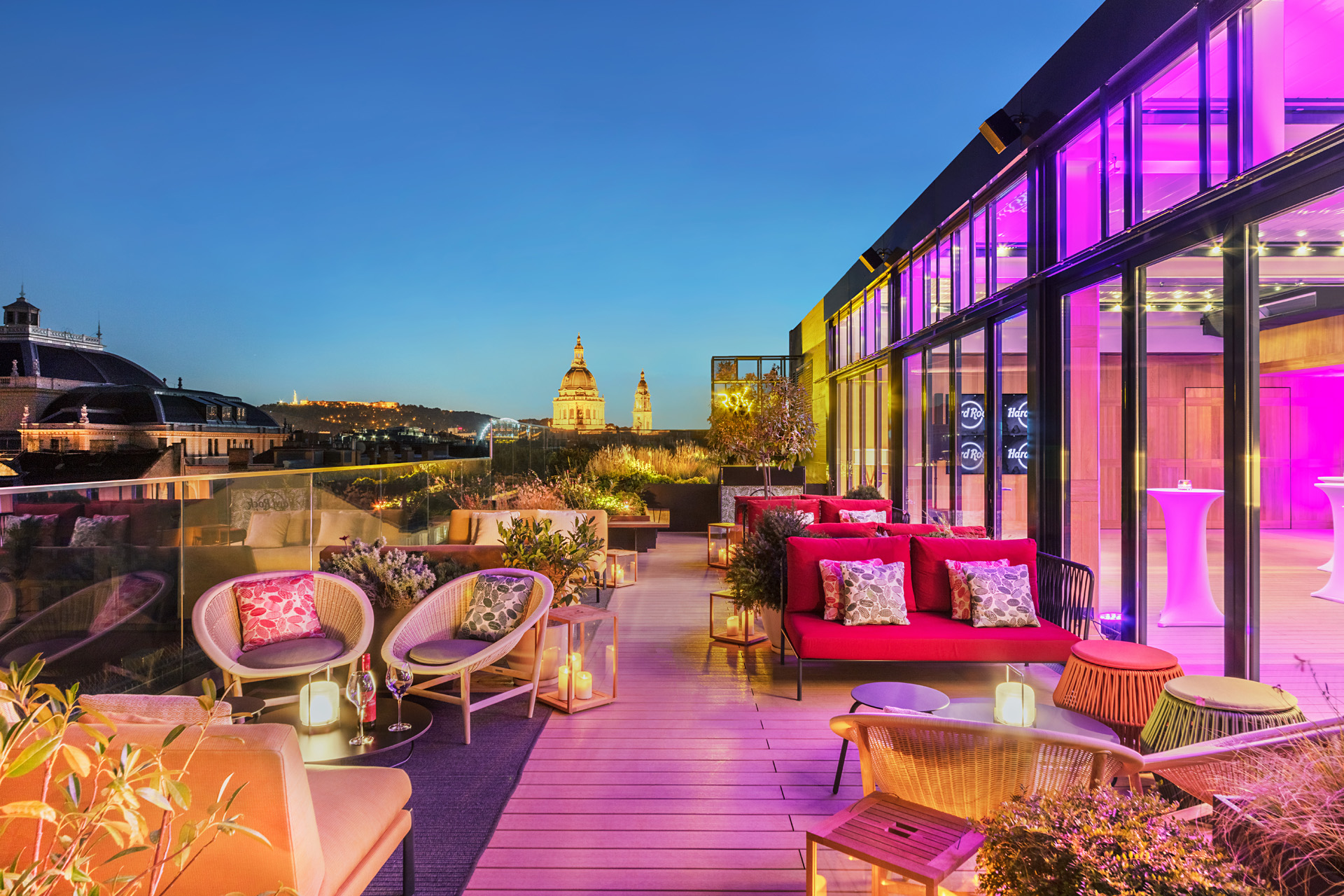 roxy terrace at hard rock hotel budapest at dusk