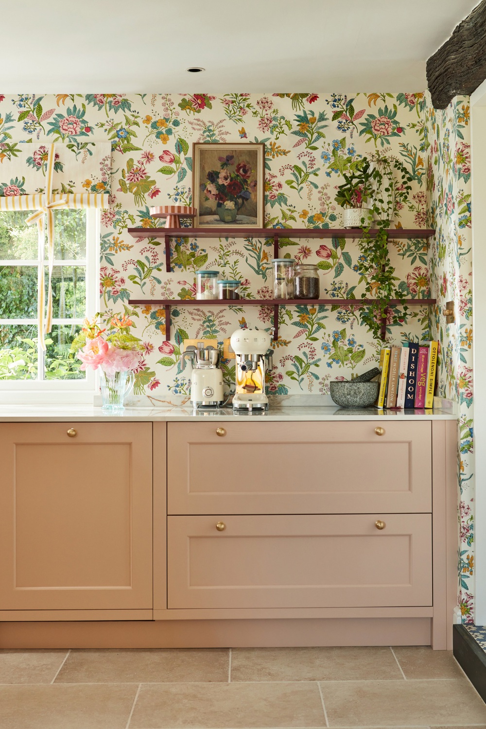 Country kitchen with cottage wallpaper