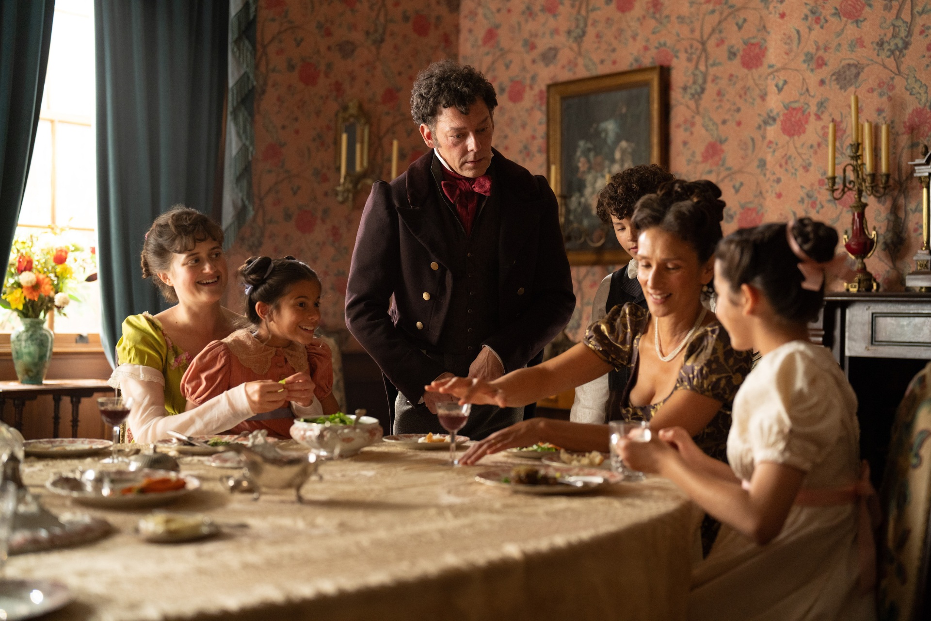 Mary Bennet (ELLA BRUCCOLERI);Mr Gardiner (RICHARD COYLE) and Mrs Gardiner (INDIRA VARMA)