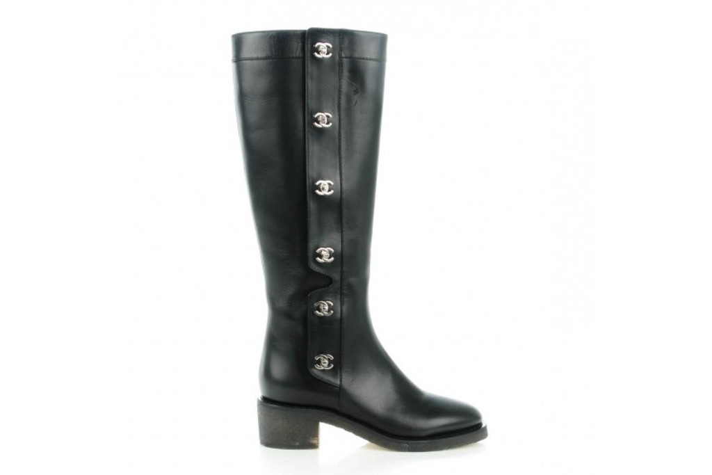 Black tall boots with Chanel buttons