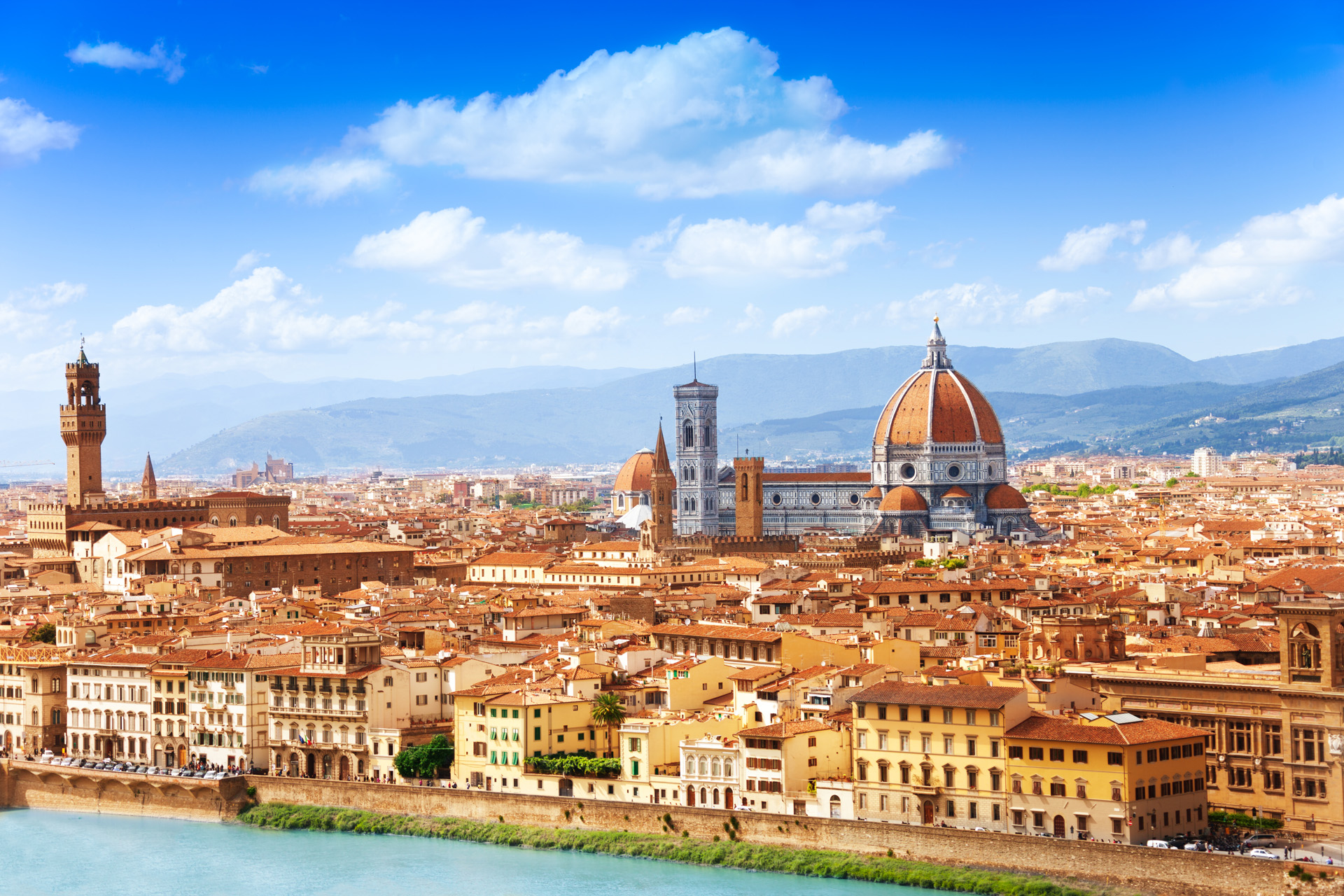 Cityscape panorama of Arno river, towers and cathedrals of Florence