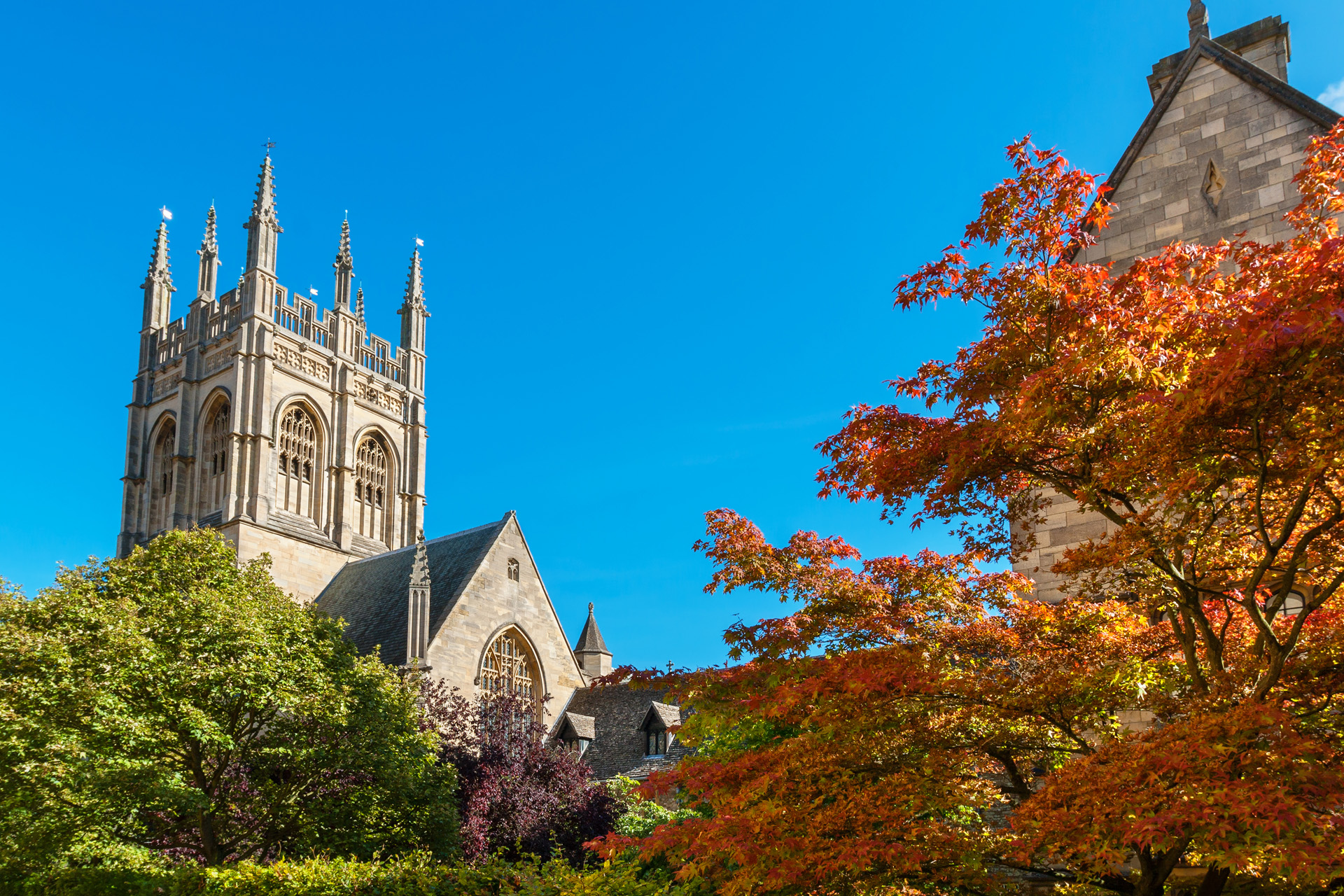 Garden and Chapel tower of Merton College. Oxford University, Oxford, England