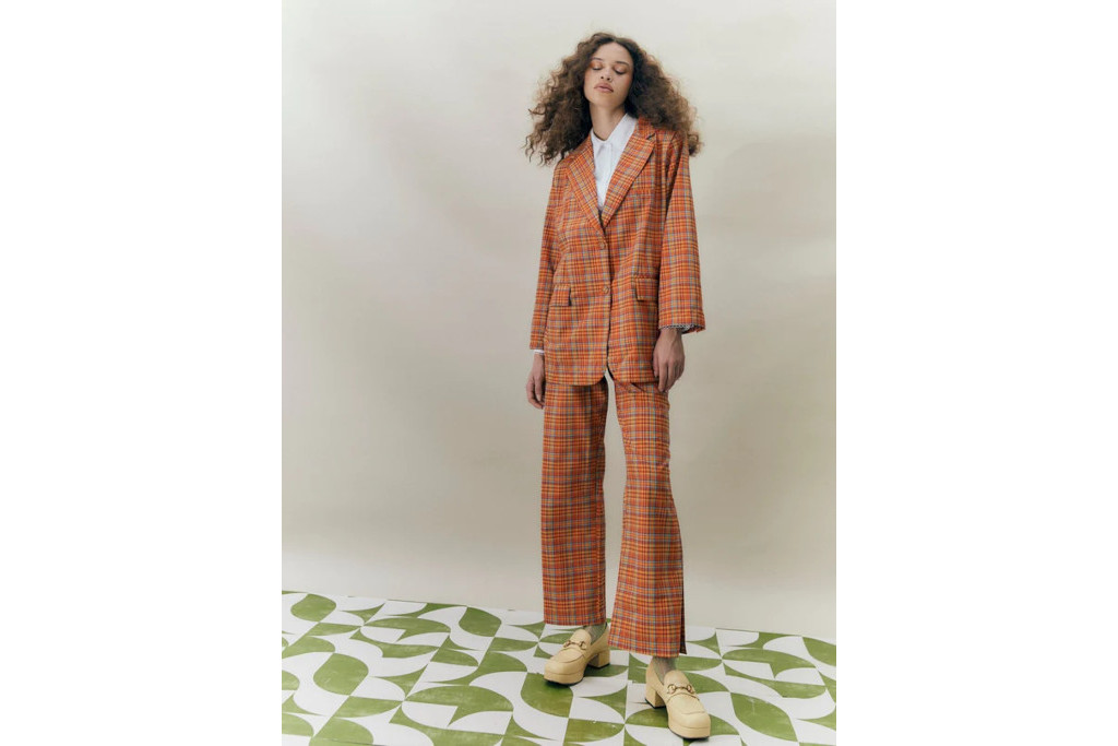 Red in check suit