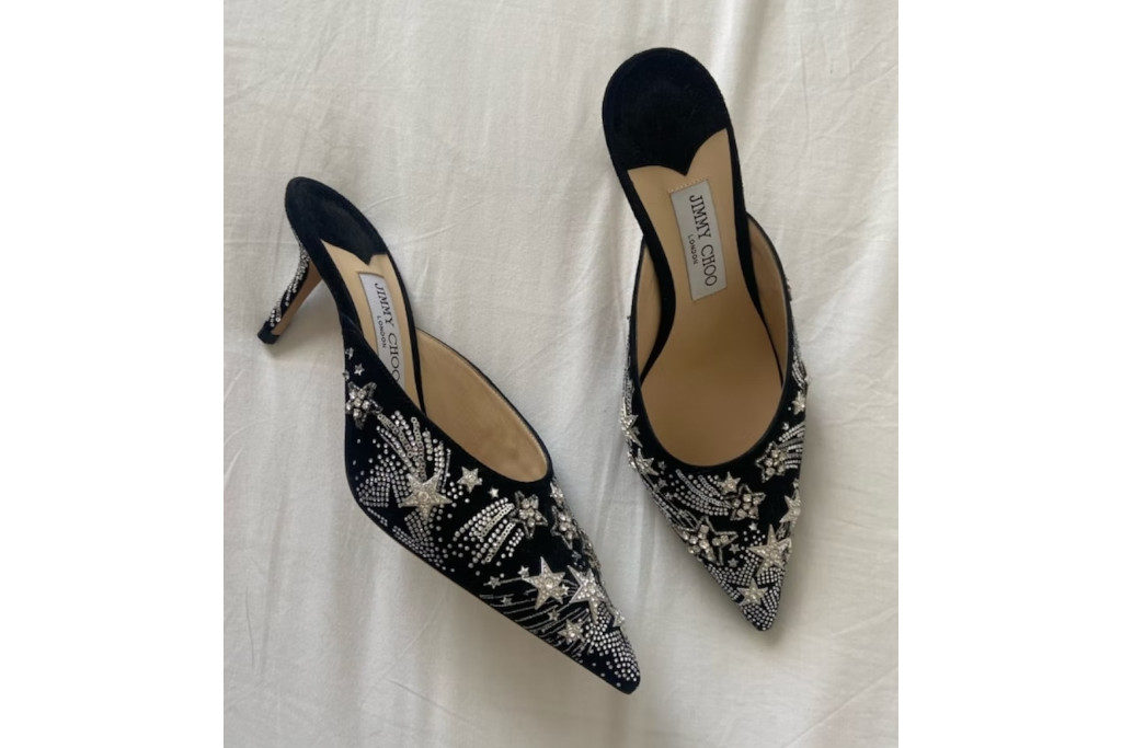 Black mules with silver embroidered stars