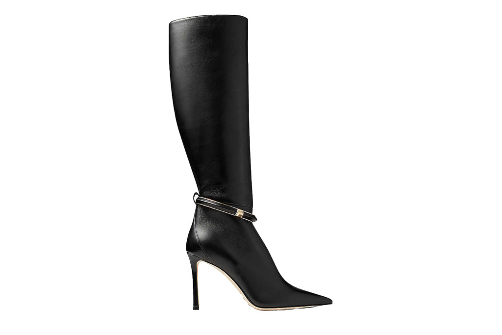 Black bangle-embellished leather heeled boots