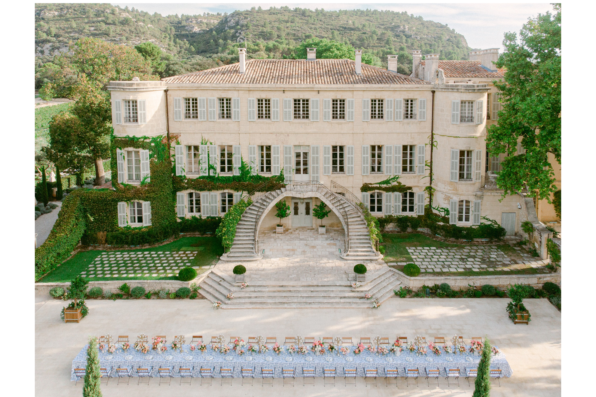 a chateau decorated for a wedding ceremony