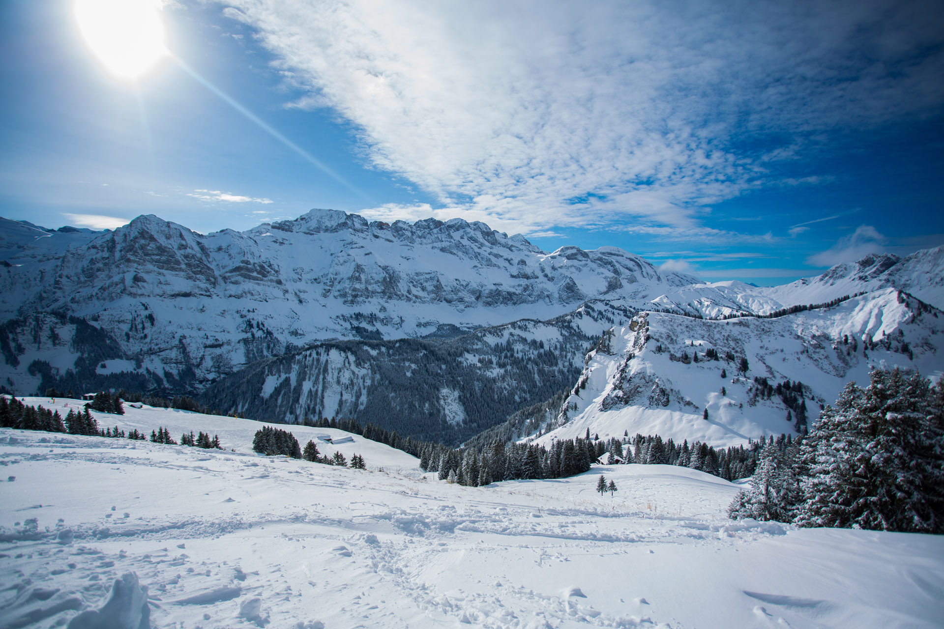 Snowy Mountain Valley on a Sunny Day in Morzine, France.