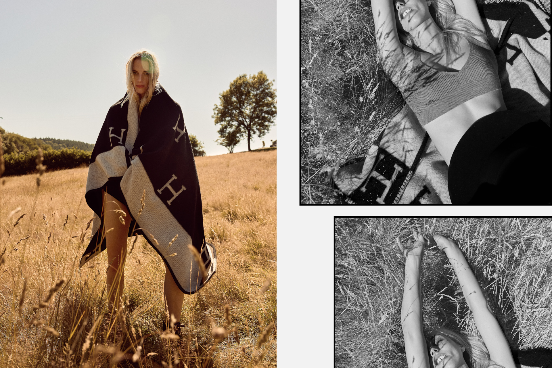 Photos of model wearing blanket and hot pants in a golden field