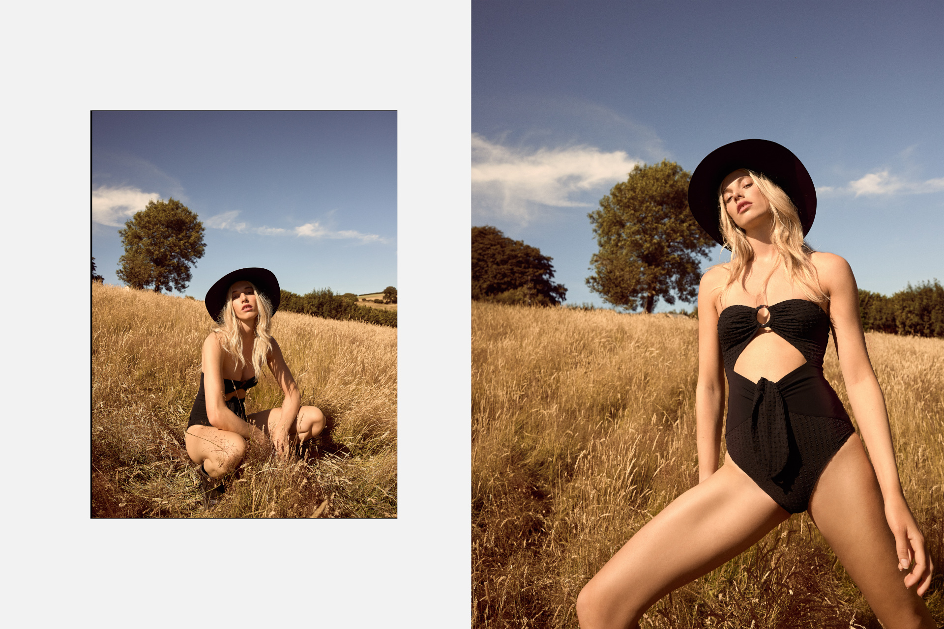 Model dressed in black hat and swimsuit in a golden field