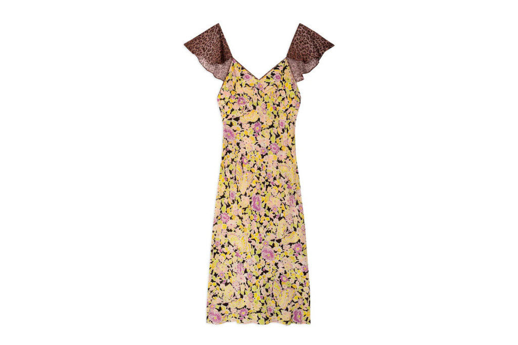 Yellow print dress with brown lace cap sleeves