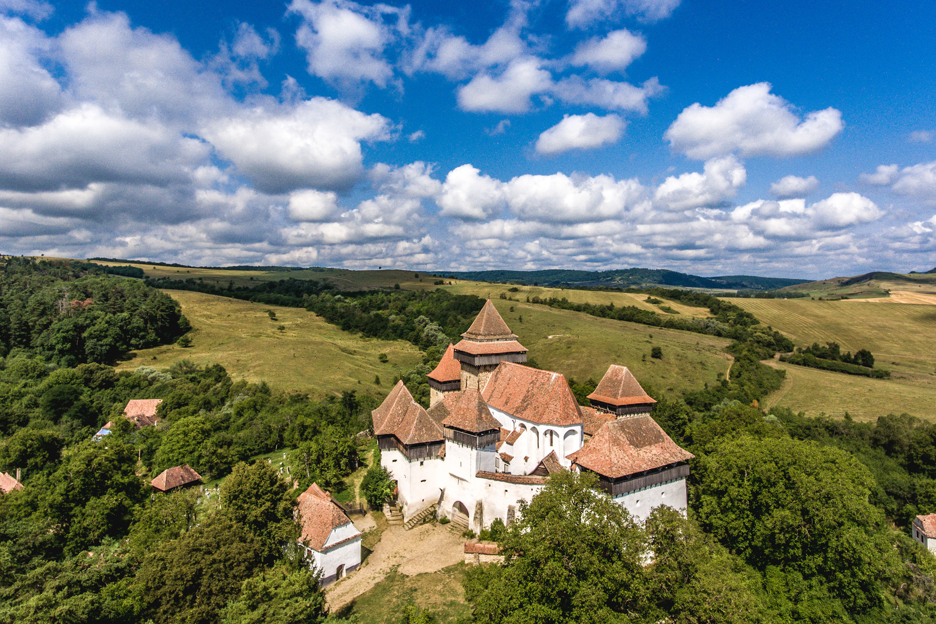 Viscri church aerial view from a drone. Transylvania, Romania.