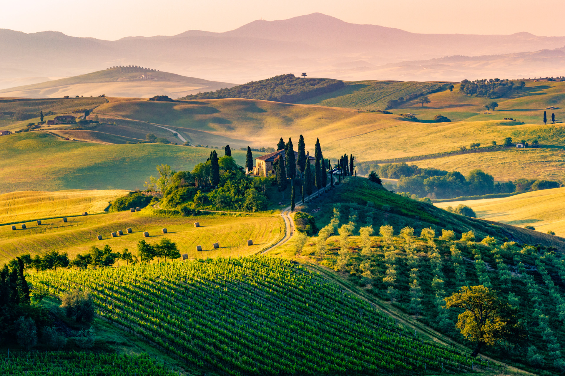 Val d'Orcia, Tuscany, Italy. A lonely farmhouse with cypress and olive trees, rolling hills.