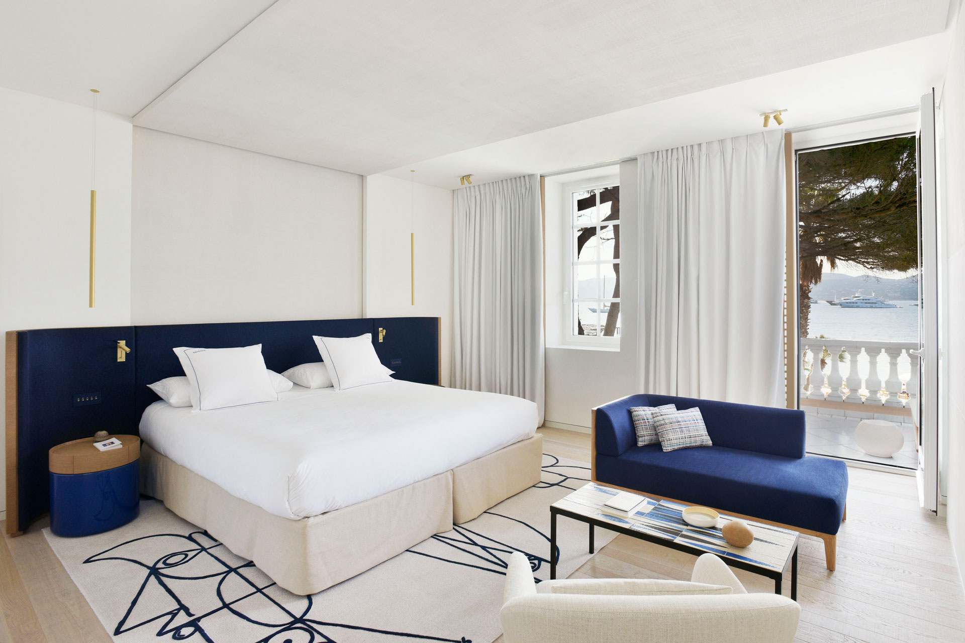 Duplex suite with blue and white furnishings at Cheval Blanc St Tropez