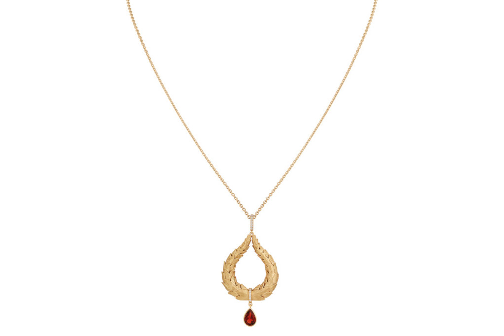 Gold Winner's Wreath Necklace with Pave Diamonds and Pear Shaped Red Garnet