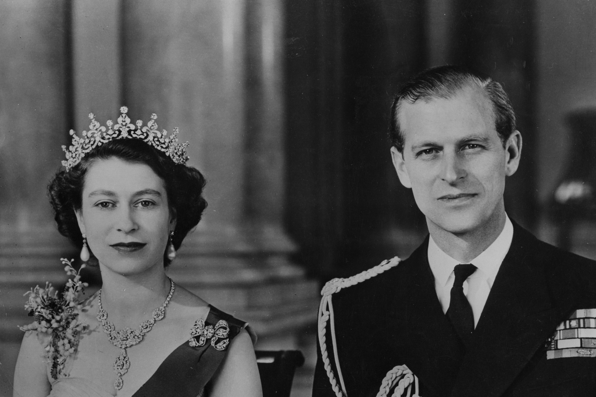 A Baron portrait of Queen Elizabeth II and the Duke of Edinburgh in the Grand Entrance of Buckingham Palace, London, before departure for the Commonwealth Tour.