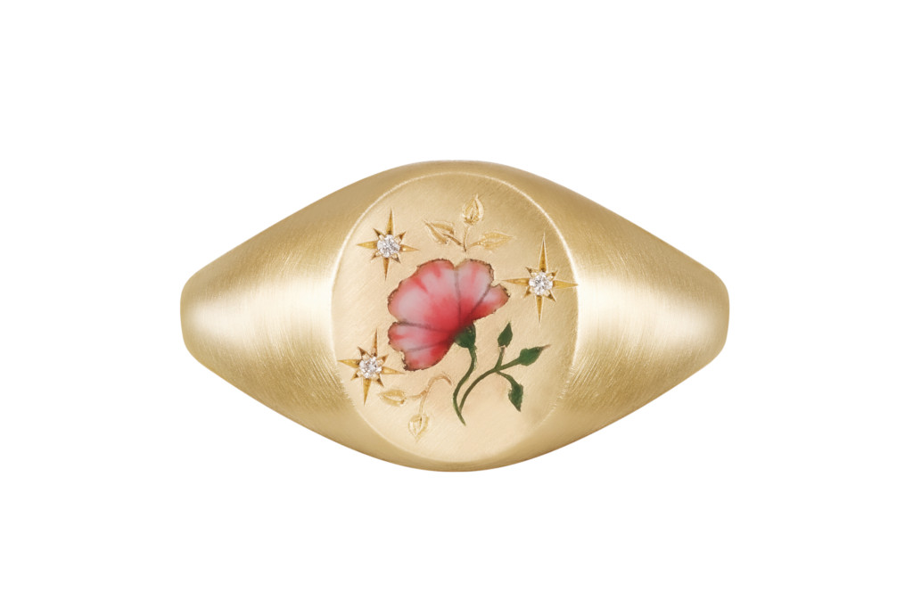 Gold signet ring with pink rose and diamonds