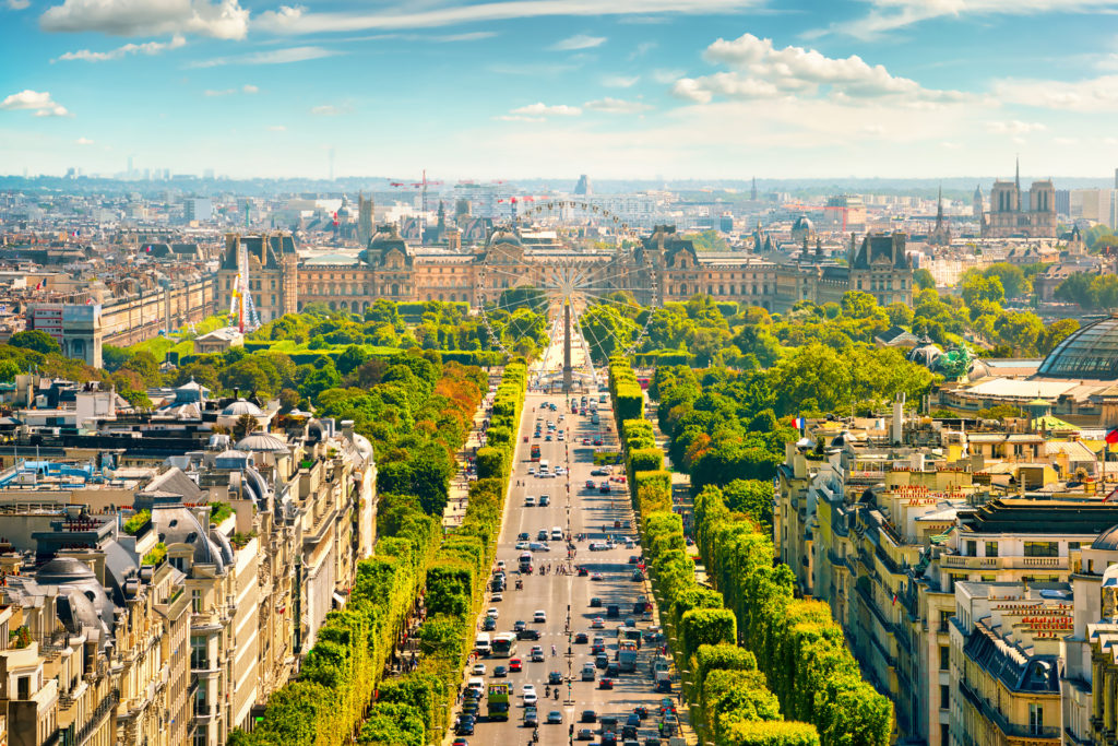 View on Avenue des Champs Elysees from Arc de Triomphe in Paris, France