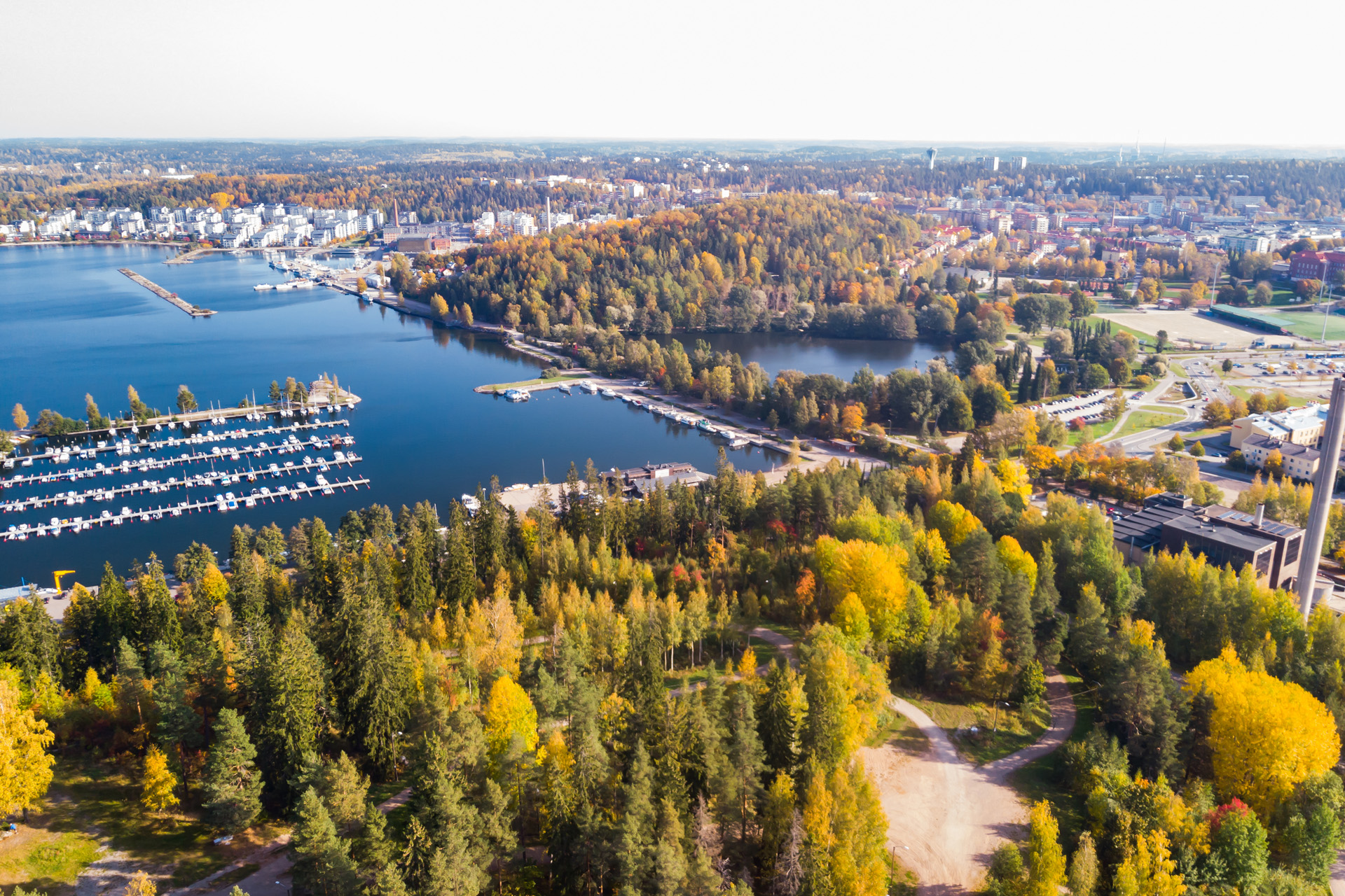 Aerial view to Lahti city and harbor at autumn morning, Finland