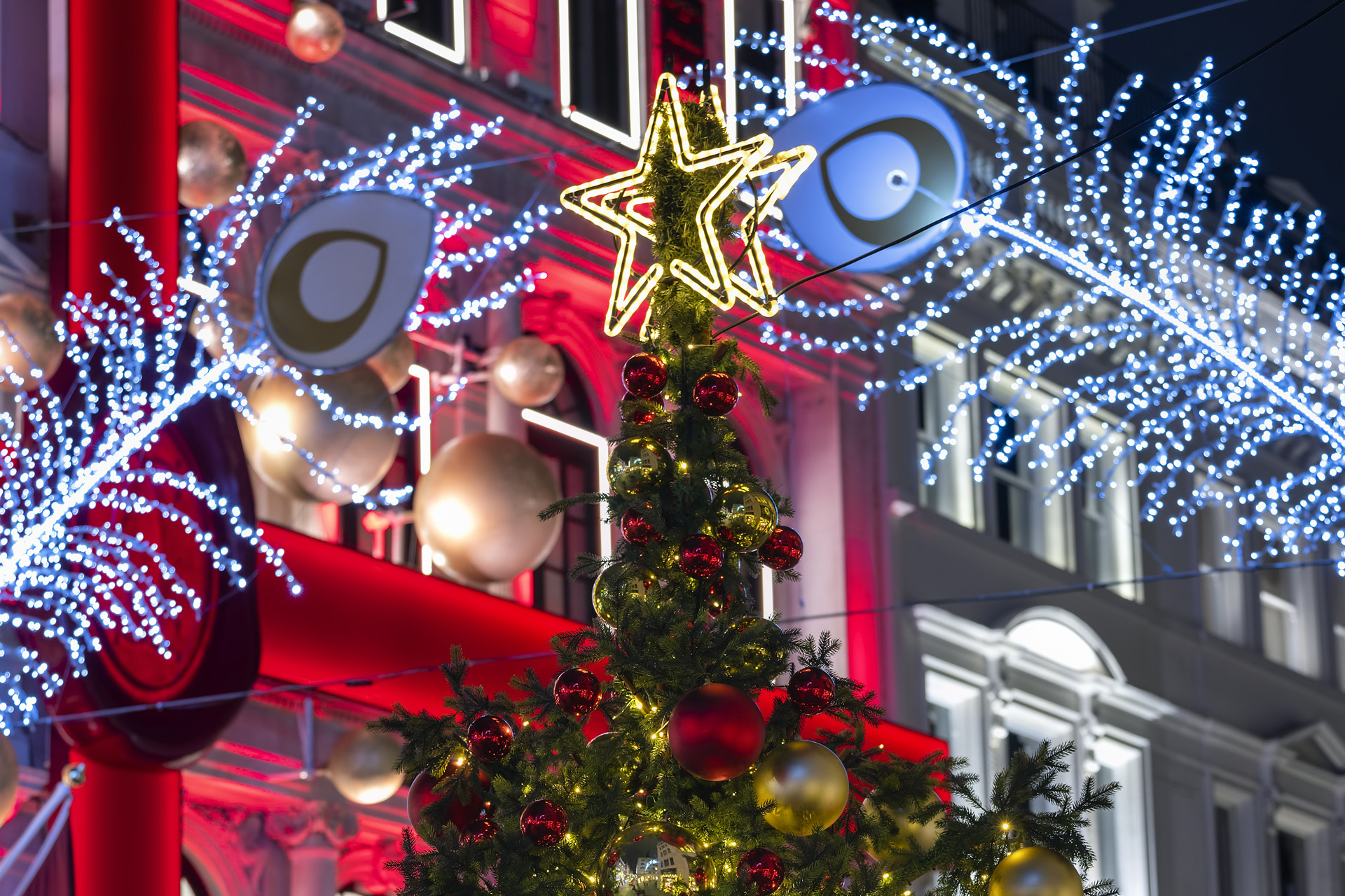 A beautiful decorated Christmas tree during night time in central London, Mayfair