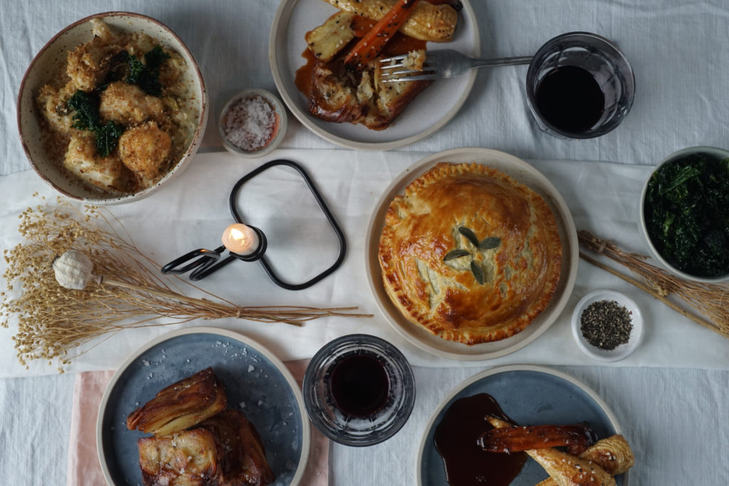 Festive vegan dishes on table