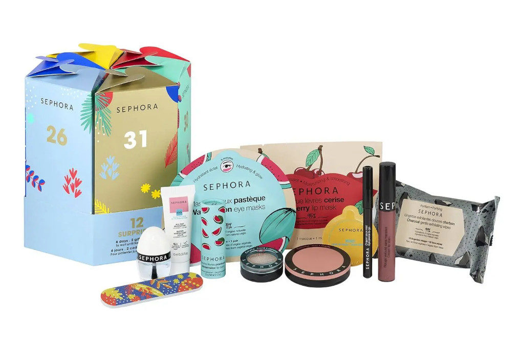 Sephora products laid out around a gift box