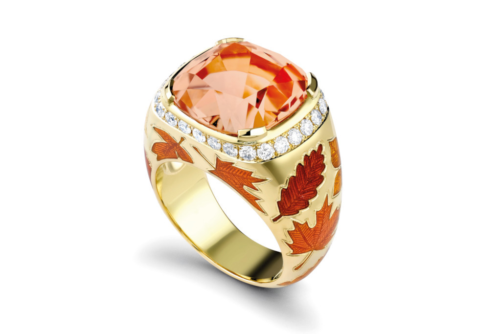 Gold ring with orange stone and leaves
