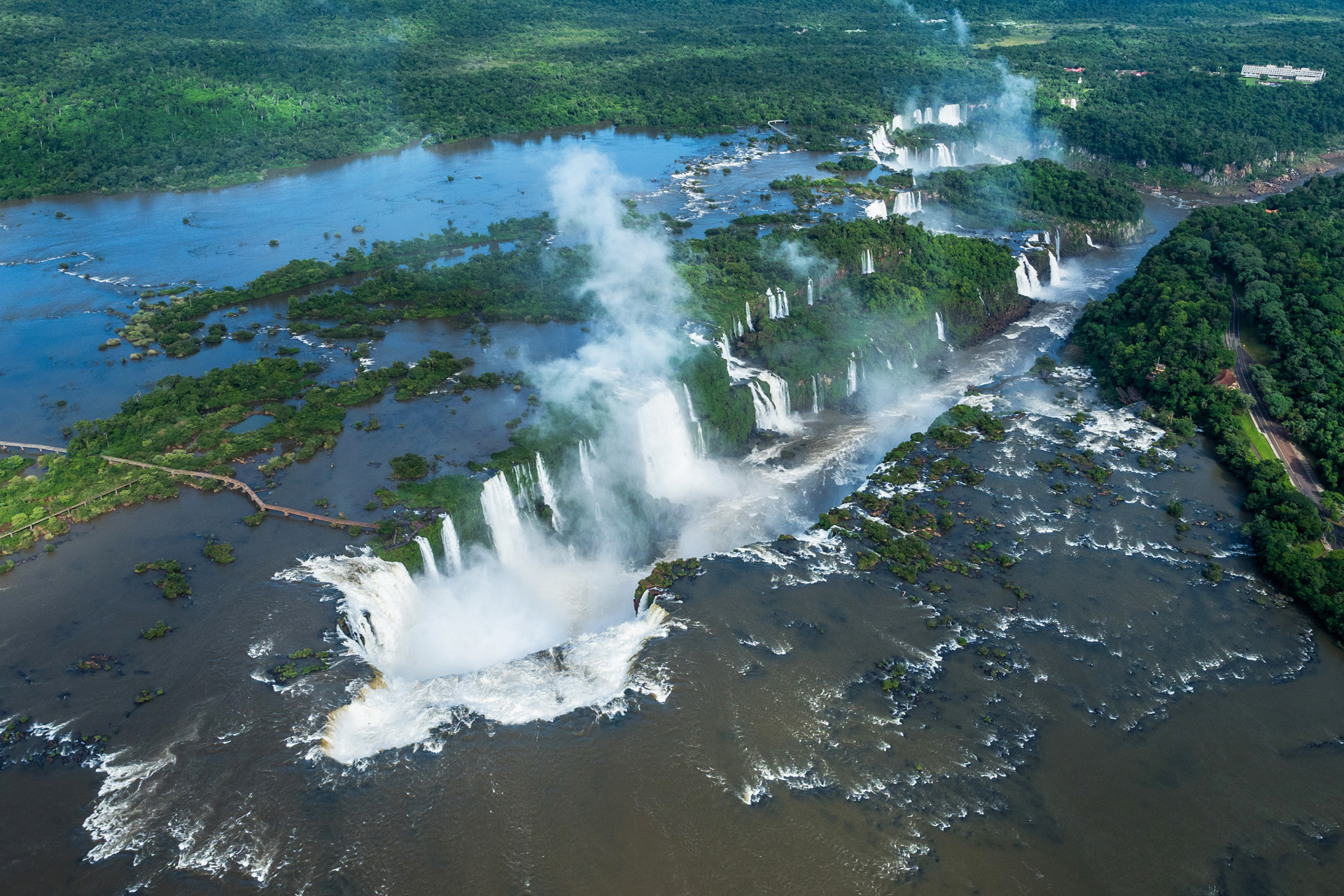 Iguazu Falls (Iguacu Falls) on the border of Argentina and Brazil, aerial view.