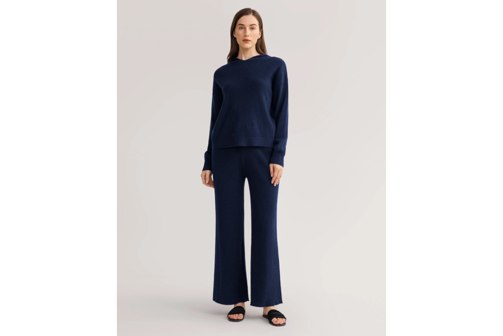 Woman in navy ribbed hoodie set