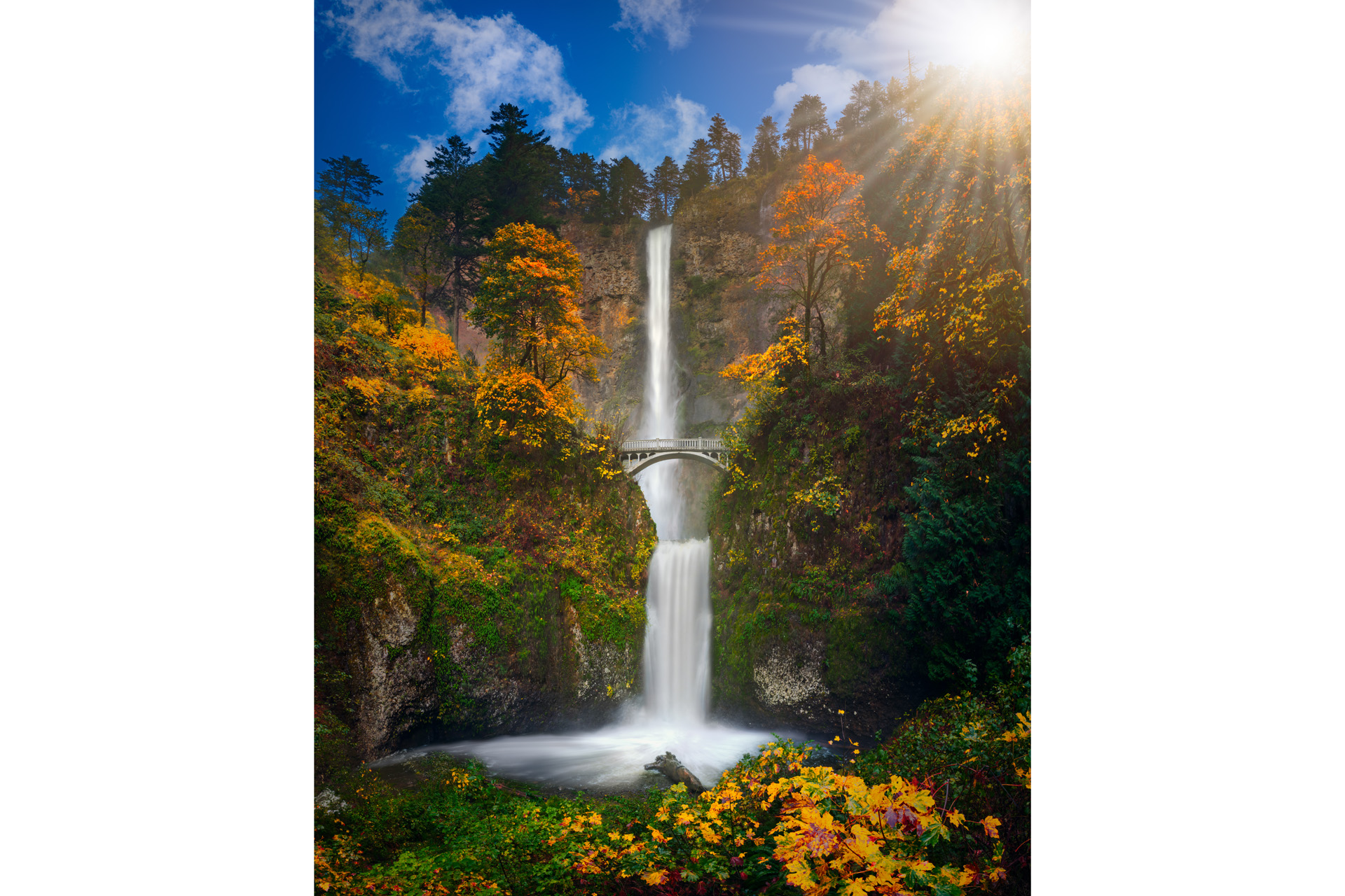 Multnomah Falls in Autumn colors high resolution panorama