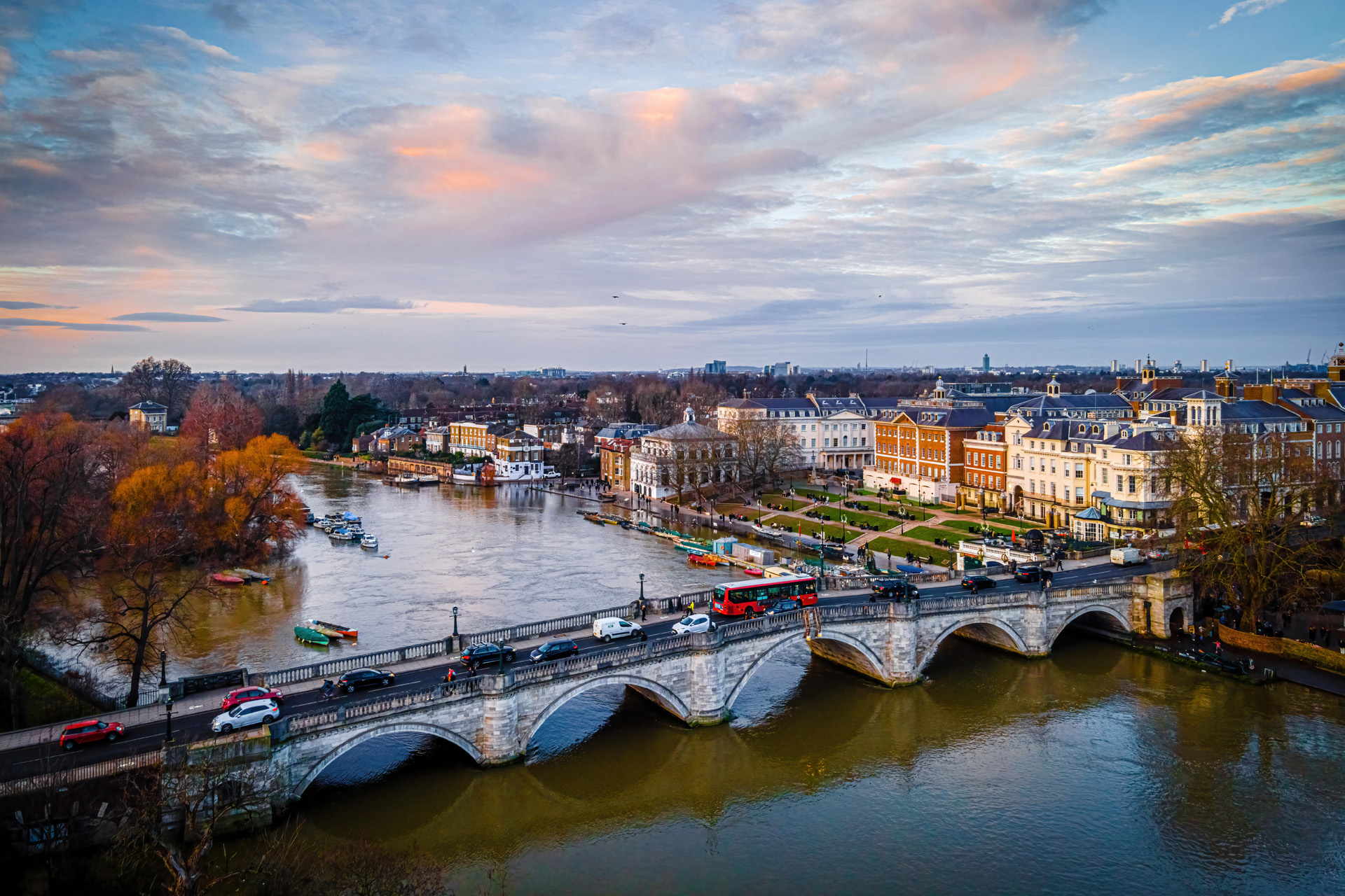 Aerial view of Richmond bridge at sunset time, London, UK